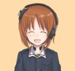  1girl :d bangs blue_jacket brown_hair commentary eyebrows_visible_through_hair facing_viewer girls_und_panzer green_shirt headphones jacket long_sleeves military military_uniform mutsu_(layergreen) nishizumi_miho ooarai_military_uniform open_mouth orange_background portrait shirt short_hair simple_background smile solo throat_microphone uniform 