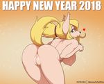  &lt;3 2018 anthro anus bedroom_eyes blonde_hair blonde_tail breasts butt canine clitoris digital_media_(artwork) dog eyewear female fur glasses green_eyes hair half-closed_eyes holidays horny_(disambiguation) leaning leaning_forward looking_at_viewer looking_back mammal merveille_million new_year nipples noise-tanker pose presenting presenting_hindquarters presenting_pussy pussy rear_view seductive simple_background solatorobo solo tan_fur video_games 