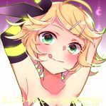  :q arm_up armpits arms_behind_head asymmetrical_clothes asymmetrical_sleeves bare_shoulders blonde_hair blush bow breasts collarbone eyebrows_visible_through_hair green_eyes hair_bow hair_ornament hairclip kagamine_rin kawahara_chisato looking_at_viewer luvoratorrrrry!_(vocaloid) short_hair signature small_breasts smile solo striped_sleeves tongue tongue_out twitter_username upper_body vocaloid wavy_hair 