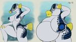  2018 anthro belly big_belly big_breasts big_butt breast_expansion breasts butt digital_media_(artwork) female fish hi_res huge_breasts huge_lips inflation lips marine mxwqtkl nipples nude pufferfish simple_background solo 