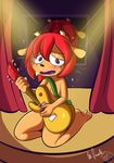  2018 5_fingers anthro barefoot blush breasts caprine covering_body curtains digital_media_(artwork) embarrassed enf female fur guitar hair kneeling la-frugele lammy_lamb lipstick looking_at_viewer makeup mammal musical_instrument nude parappa_the_rapper playing_guitar playing_music purple_eyes red_hair sheep short_hair side_boob solo stage sweat tan_fur um_jammer_lammy video_games 