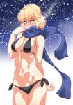  arm_behind_back bare_arms bare_shoulders bikini black_bikini blonde_hair blue_scarf blush breasts cleavage covered_mouth cowboy_shot full-face_blush green_eyes highres medium_breasts mizuhashi_parsee ootsuki_wataru pointy_ears scarf side-tie_bikini snowing solo stomach swimsuit touhou 