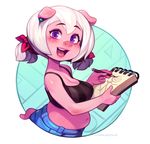  2018 absurd_res anthro breasts cleavage clothed clothing cyancapsule drawing ear_piercing emelie female hair hi_res holding_object looking_at_viewer mammal midriff notepad open_mouth open_smile pencil_(object) piercing pig porcine purple_eyes slightly_chubby smile solo white_hair 
