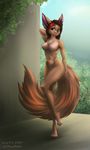  2018 4_toes 5_fingers anthro canine day detailed_background digital_media_(artwork) eyelashes female fox green_eyes mammal nipples nude outside p-v-s smile solo standing stanidng toes wide_hips 