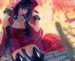  black_hair blurry blurry_foreground boots cigarette cuffs depth_of_field dress fire hood hood_up kibadori_rue long_hair looking_at_viewer mouth_hold original red_dress red_eyes short_dress sitting smile smoking solo 