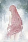  breasts commentary_request darling_in_the_franxx day forest from_behind green_eyes highres horn long_hair looking_at_viewer looking_back marumoru nature nude outdoors pink_hair sideboob small_breasts solo tree two_side_up very_long_hair wading water zero_two_(darling_in_the_franxx) 