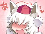  ^_^ blush closed_eyes commentary_request hammer_(sunset_beach) hat head_only heart inubashiri_momiji open_mouth short_hair solo tokin_hat touhou translation_request white_hair 