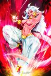  android_21 aura black_nails black_sclera breasts commentary dragon_ball dragon_ball_fighterz energy_ball erica_june_lahaie evil_smile highres looking_at_viewer majin_android_21 medium_breasts messy_hair nail_polish navel nipples pink_skin red_eyes smile solo stomach tail toned topless 