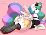  2016 anus clothed clothing cutie_mark digital_media_(artwork) dock equine feathered_wings feathers female feral fishnet fishnet_legwear friendship_is_magic hair hi_res hooves horn kloudmutt legwear long_hair lying maid_uniform mammal multicolored_hair multicolored_tail my_little_pony on_front plump_labia princess_celestia_(mlp) puffy_anus purple_eyes pussy simple_background solo uniform white_feathers winged_unicorn wings 