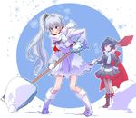  black_footwear blue_eyes boots commentary_request iesupa knee_boots multiple_girls red_hair ruby_rose rwby scar scar_across_eye scarf shovel shoveling silver_eyes smile snow weiss_schnee white_footwear white_hair 