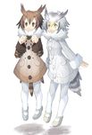  bird_tail black_hair blush brown_coat brown_eyes brown_hair buttons coat eurasian_eagle_owl_(kemono_friends) fur_collar grey_coat grey_hair hair_between_eyes head_wings highres kemono_friends long_sleeves multicolored_hair multiple_girls northern_white-faced_owl_(kemono_friends) open_mouth pantyhose short_hair tail tail_feathers white_hair white_legwear yellow_eyes 