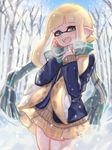  :d bare_tree blonde_hair breath commentary_request cowboy_shot fangs green_eyes inkling long_sleeves looking_at_viewer mimimi_(echonolog) open_mouth scarf skirt smile snow snowing solo splatoon_(series) tentacle_hair tree winter winter_clothes 