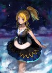  ayase_eli bangs bare_arms black_dress black_scrunchie blush breasts closed_mouth cloud collarbone dress eyebrows_visible_through_hair frilled_dress frills fur-trimmed_dress hair_ornament hair_scrunchie highres layered_dress lips long_hair looking_at_viewer love_live! love_live!_school_idol_project medium_breasts night night_sky petticoat ponytail scrunchie shiny shiny_hair sky sleeveless sleeveless_dress smile solo star_(sky) starry_sky sunga2usagi swept_bangs walking 