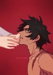  black_hair crying devilman devilman_crybaby eyebrows fudou_akira shirt shirtless short_hair simple_background tears topless white_shirt 