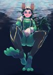  asui_tsuyu black_eyes black_hair bodysuit boku_no_hero_academia boots bow_by_hair frog_girl gloves green_bodysuit hair_rings highres long_hair low-tied_long_hair solo thigh_boots thighhighs tongue tongue_out underwater woody 