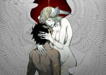  2boys angel_wings asuka_ryou black_hair blonde_hair blue_eyes breasts crying devilman devilman_crybaby duo eyebrows fudou_akira head_wings long_hair multiple_boys nude satan_(devilman) shirtless short_hair tears topless wings 