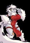  anthro clothed clothing female horn hybrid limebreaker looking_at_viewer one_eye_closed smile solo standing thick_thighs unknown_species voluptuous wide_hips wink 