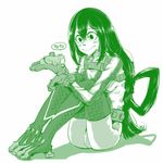  asui_tsuyu bodysuit boku_no_hero_academia frog frog_girl green hair_between_eyes hair_rings long_hair low-tied_long_hair monochrome phuphu sitting solo thighhighs 