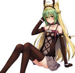  ahoge animal_ears arm_support arm_up atalanta_(fate) bare_shoulders bell black_gloves black_hairband black_legwear blonde_hair blush braid breasts cat_ears cat_tail cleavage closed_mouth collarbone elbow_gloves eyebrows_visible_through_hair fate/grand_order fate_(series) feet_out_of_frame french_braid frilled_gloves frills gloves green_eyes green_hair grey_skirt hair_between_eyes hairband hand_in_hair highres invisible_chair knees_up long_hair looking_at_viewer miniskirt seaweed2017 simple_background sitting skirt small_breasts smile solo tail thighhighs very_long_hair white_background 