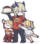  artoria_pendragon_(all) artoria_pendragon_(lancer_alter) bare_shoulders betchan black_gloves blonde_hair buster_shirt cake closed_eyes clothes_writing commentary_request dual_persona english fate/grand_order fate_(series) food gloves hand_on_another's_head holding holding_plate horns midriff mordred_(fate) mordred_(fate)_(all) mordred_(swimsuit_rider)_(fate) mother_and_daughter multiple_girls plate ponytail reaching red_shirt sandals shirt t-shirt tan white_background yellow_eyes younger 