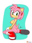  amy_rose anthro black_nose boots bracelet breasts butt clothing female footwear furboz gloves green_eyes hair hairband hedgehog jewelry looking_back mammal nipples nude pink_hair short_hair signature sitting smile solo sonic_(series) video_games 