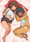  animal_costume animal_hood bad_id bad_pixiv_id bare_shoulders barefoot bear_costume bed_sheet black_hair black_shorts blue_shirt blush brown_hair closed_eyes dark_skin drooling fang hai_ookami highres hood hood_up long_hair long_sleeves lying midriff mole mole_under_eye multiple_girls navel on_bed on_side open_mouth original pillow red_pillow saliva shirt shorts sleeping tan tank_top thick_eyebrows very_long_hair 