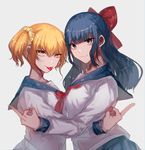  :3 :p blonde_hair blue_eyes blue_hair bow censored danjou_sora hair_bow highres long_hair looking_at_viewer middle_finger mosaic_censoring multiple_girls pipimi poptepipic popuko school_uniform serafuku short_hair sidelocks tongue tongue_out twintails yellow_eyes 