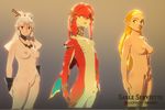  3girls areolae blonde_hair breasts fins fish_girl gills gold_trim hair_ornament hair_stick hair_tubes lineup long_hair looking_at_viewer mipha multiple_girls navel nipples no_eyebrows nude paya_(zelda) perky_breasts pointy_ears princess_zelda pussy red_skin sable_serviette small_breasts standing the_legend_of_zelda the_legend_of_zelda:_breath_of_the_wild third-party_source two-tone_skin uncensored 