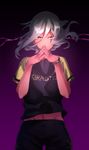  1boy dark_skin grey_hair haizaki_ryouhei inazuma_eleven_(series) inazuma_eleven_ares_no_tenbin long_hair looking_at_viewer male_focus multicolored_eyes purple_background soccer_uniform solo wristband 