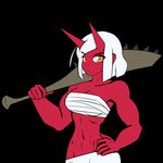  abs bandage black_background breasts female hair hi_res horn humanoid limebreaker looking_at_viewer muscular muscular_female not_furry simple_background solo tiefling wide_hips 