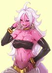  android_21 black_sclera bow_(bhp) bracelet breasts candy cleavage detached_sleeves dragon_ball dragon_ball_fighterz food hand_on_hip jewelry large_breasts long_hair looking_at_viewer majin_android_21 messy_hair navel open_mouth pink_skin red_eyes saliva saliva_trail simple_background smile solo stomach tongue tongue_out white_hair yellow_background 