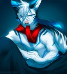 2018 angiewolf anthro blue_background blue_eyes canine clothed clothing digital_media_(artwork) hair male mammal scarf simple_background solo topless white_hair 