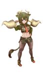  animal_ears ankle_boots aurochs_(kemono_friends) bangs black_skirt boots breasts brown_eyes camouflage closed_mouth cow_ears cow_horns cow_tail crop_top dark_green_hair empty_eyes eyebrows full_body green_footwear green_hair green_shirt green_skirt hand_on_hip holding holding_weapon horns ise_(0425) kemono_friends legs_apart long_sleeves medium_breasts miniskirt navel necktie pantyhose red_neckwear shirt short_hair short_sleeves side_slit simple_background skirt smile solo stomach tail toned v-shaped_eyebrows weapon white_background 