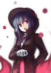  :o alternate_costume alternate_headwear bangs blue_hair blurry bow bowtie brown_coat brown_hat coat depth_of_field eyebrows_visible_through_hair fedora from_below gloves hand_in_pocket hat hat_ornament highres hinanawi_tenshi holding holding_weapon long_hair long_sleeves looking_at_viewer looking_down neetsr open_mouth red_bow red_eyes red_neckwear round_teeth simple_background solo sword sword_of_hisou teeth touhou upper_body v-shaped_eyebrows weapon white_background white_gloves 