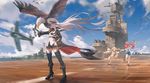  ahoge aircraft aircraft_carrier azur_lane bailey_(azur_lane) bangs battleship bird blonde_hair boots breasts cloud cloudy_sky commentary cross-laced_footwear day detached_sleeves eagle eldridge_(azur_lane) enterprise_(azur_lane) eyebrows_visible_through_hair flight_deck hat lace-up_boots large_breasts long_hair looking_at_viewer lying mary_janes medium_breasts military military_vehicle miniskirt multiple_girls necktie ocean on_back open_mouth orange_eyes overalls panties peaked_cap puffy_detached_sleeves puffy_sleeves purple_eyes red_hair rias-coast runway ship shirt shoes silver_hair skirt sky sleeveless smile thighhighs twintails two_side_up underwear very_long_hair warship watercraft white_legwear white_panties 