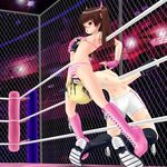  #13 1boy 1girl arena blush boots brown_hair caged domination femdom fighting fingerless_gloves ruka_(#13) smile smirk striped striped_panties swimsuit syemi_(#13) twintails underwear wrestling wrestling_ring 