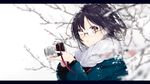  bangs bare_tree black_hair blue_coat blurry brown_eyes camera depth_of_field glasses highres holding holding_camera letterboxed long_sleeves looking_at_viewer original outdoors parted_lips rimless_eyewear round_eyewear scarf short_hair snow_on_head sogawa solo tree upper_body white_scarf winter 