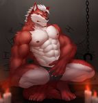  2017 abs biceps black_nose blush bulge candle canine chain claws clothing covering covering_crotch crouching fur fuwayuuko looking_at_viewer male mammal muscular muscular_male pecs red_eyes red_fur solo tally_marks underwear white_fur wolf 
