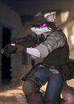  2018 anthro armor belt black_hair blurred_background building canine clothed clothing fur furgonomics gloves gun gun_holster hair handgun hat kotarain macmegagerc mammal pistol purple_eyes purple_stripes ranged_weapon stripes teeth weapon white_fur 