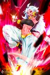  android_21 aura black_nails black_sclera breasts dragon_ball dragon_ball_fighterz energy_ball erica_june_lahaie evil_smile highres looking_at_viewer majin_android_21 medium_breasts messy_hair nail_polish navel pink_skin red_eyes smile solo stomach tail toned 