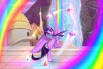 2018 blue_hair blue_sky blue_tail building cloud colorful cutie_mark day detailed_background equine female feral friendship_is_magic fur hair highlights horn looking_aside looking_at_viewer mammal mountain multicolored_hair multicolored_tail my_little_pony on_one_leg outside pink_highlights purple_eyes purple_fur purple_highlights purple_horn purple_wings quadruped rainbow signature sky solo spread_wings standing stratodraw twilight_sparkle_(mlp) water waterfall winged_unicorn wings 