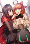  ahoge bow cape commentary_request eyebrows_visible_through_hair green_eyes grin hair_bow multiple_girls orange_hair pantyhose penny_polendina ruby_rose rwby slee smile thighhighs touching 