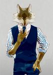  anthro canine cheek_tuft claws clothed clothing hand_in_pocket looking_at_viewer male mammal mucknagabe necktie simple_background solo standing striped_clothing tuft vest wolf yellow_eyes 