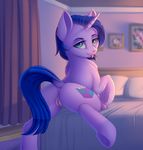  2017 anus bed bed_covers bedding bedroom blue_hair blurred_background butt chest_tuft curtains cute cutie_mark dock equine evehly eyebrows eyelashes fan_character female full-length_portrait fur hair hi_res hooves horn inside light looking_at_viewer looking_back mammal my_little_pony nude photo picture_frame pillow portrait pose presenting presenting_hindquarters puffy_anus pussy pussy_juice shadow short_hair smile solo teal_eyes teasing tongue tongue_out tuft underhoof unicorn 