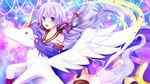  :d alicorn animal azur_lane bangs bare_shoulders black_legwear blush collarbone commentary_request cosplay detached_sleeves dress feathered_wings hair_between_eyes halterneck inuro_neko_(kuro-nyan) long_hair long_sleeves looking_at_viewer open_mouth purple_dress purple_eyes purple_hair riding sidelocks sleeves_past_wrists smile solo star thighhighs unicorn_(azur_lane) very_long_hair vocaloid white_wings wings xingchen xingchen_(cosplay) 