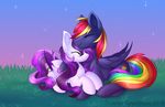  2018 cuddling cute cutie_mark duo equine eyelashes eyes_closed fan_character feathered_wings feathers female grass hair happy lying male male/female mammal multicolored_hair my_little_pony night nude outside pegasus purple_feathers purple_hair rainbow_hair scarlet-spectrum sky smile star text watermark wings 