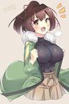  black_shirt breasts breath brown_background brown_eyes brown_hair brown_hakama commentary_request fur-trimmed_jacket fur_trim green_jacket hair_ribbon hakama highres ise_(kantai_collection) jacket japanese_clothes kantai_collection large_breasts looking_at_viewer lzd ponytail ribbon shirt short_hair simple_background skin_tight solo turtleneck twitter_username undershirt 
