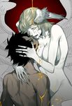  2boys angel_wings asuka_ryou black_hair blonde_hair blue_eyes breasts devilman devilman_crybaby duo eyebrows feathered_wings feathers fudou_akira head_wings large_wings long_hair multiple_boys nude satan_(devilman) shirtless short_hair topless wings 