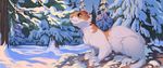  ambiguous_gender aspeneyes brown_eyes brown_markings detailed_background feral forest fur mammal markings mustelid nature outside pine_tree side_view sky snow solo standing tree weasel white_fur 