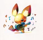  &lt;3 2011 2017 digital_media_(artwork) fur holding_musical_instrument koriarredondo mixed_media musical_note nintendo one_eye_closed pencil_(artwork) pichu pok&eacute;mon pok&eacute;mon_(species) pok&eacute;mon_ranger red_cheeks signature simple_background solo traditional_media_(artwork) ukulele ukulele_pichu video_games white_background wink yellow_fur 